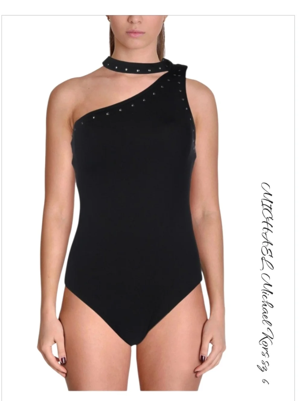 NWT Michael Kors Black Studded One-Shoulder Choker Swimsuit 6